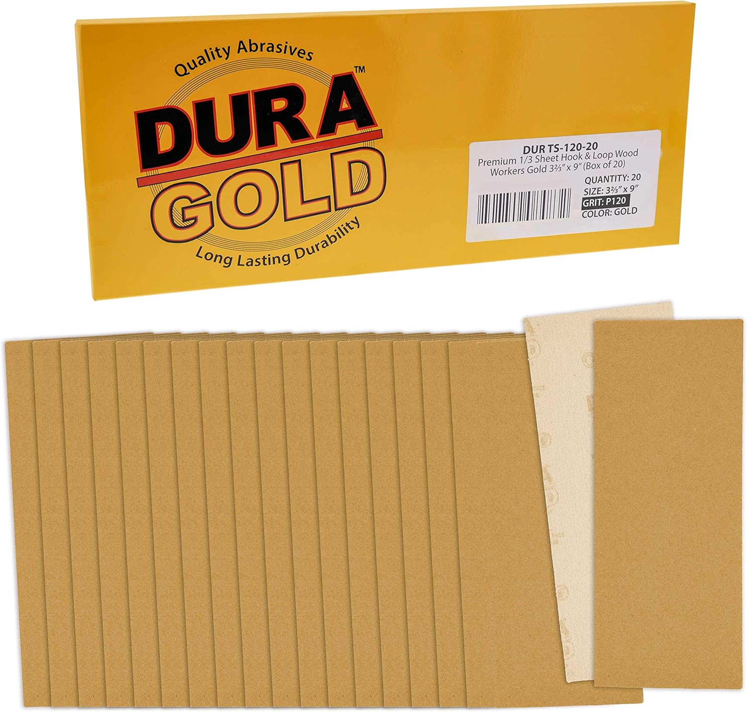 Dura-Gold Premium 80, 120, 150, 220, 320 Grit 1/3 Sheet Size Gold Sandpaper with Hook & Loop Backing, 3-2/3" x 9", 4 Each, 20 Total - Sanding Wood Woodworking, Automotive, Finishing Jitterbug Sander - - 
