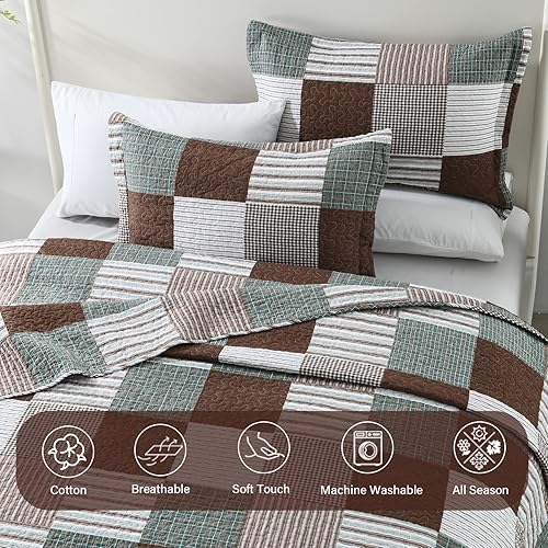 Miniatura 4 de Finlonte Juego de edredón tamaño King  Juego de edredón de 100 % algodón tamaño King, color marrón, verde, blanco, a cuadros, rústico, reversible,