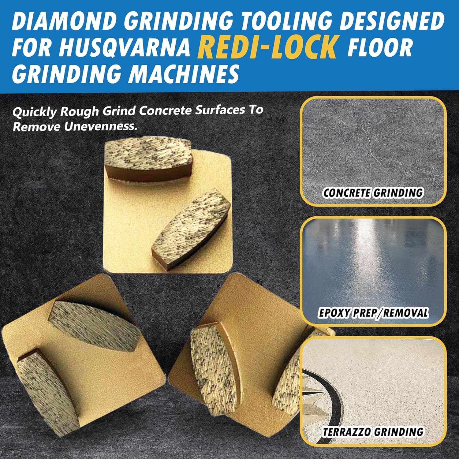 Diamond Concrete Grinding Discs for Husqvarna Redi-Lock, Soft Bond, Set of 3, 18/20 Grit