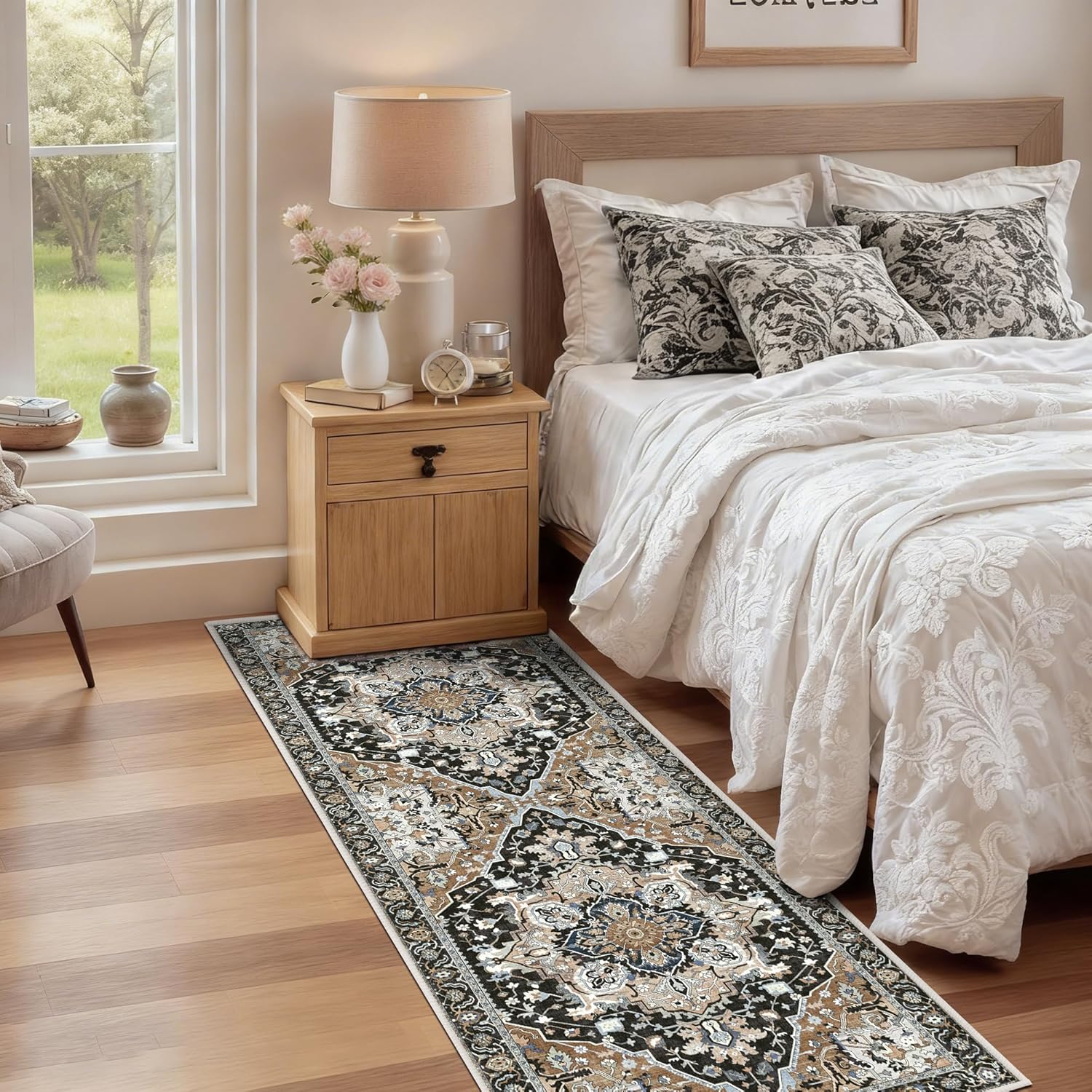 2x6 Black Boho Runner Rug - Washable Non-Slip Low Pile Hallway & Kitchen Rug - Stain Resistant Pet & Kids Friendly Carpet for Bedroom Side, Laundry, Bathroom, Foldable Long Floor Mat, Black Multi