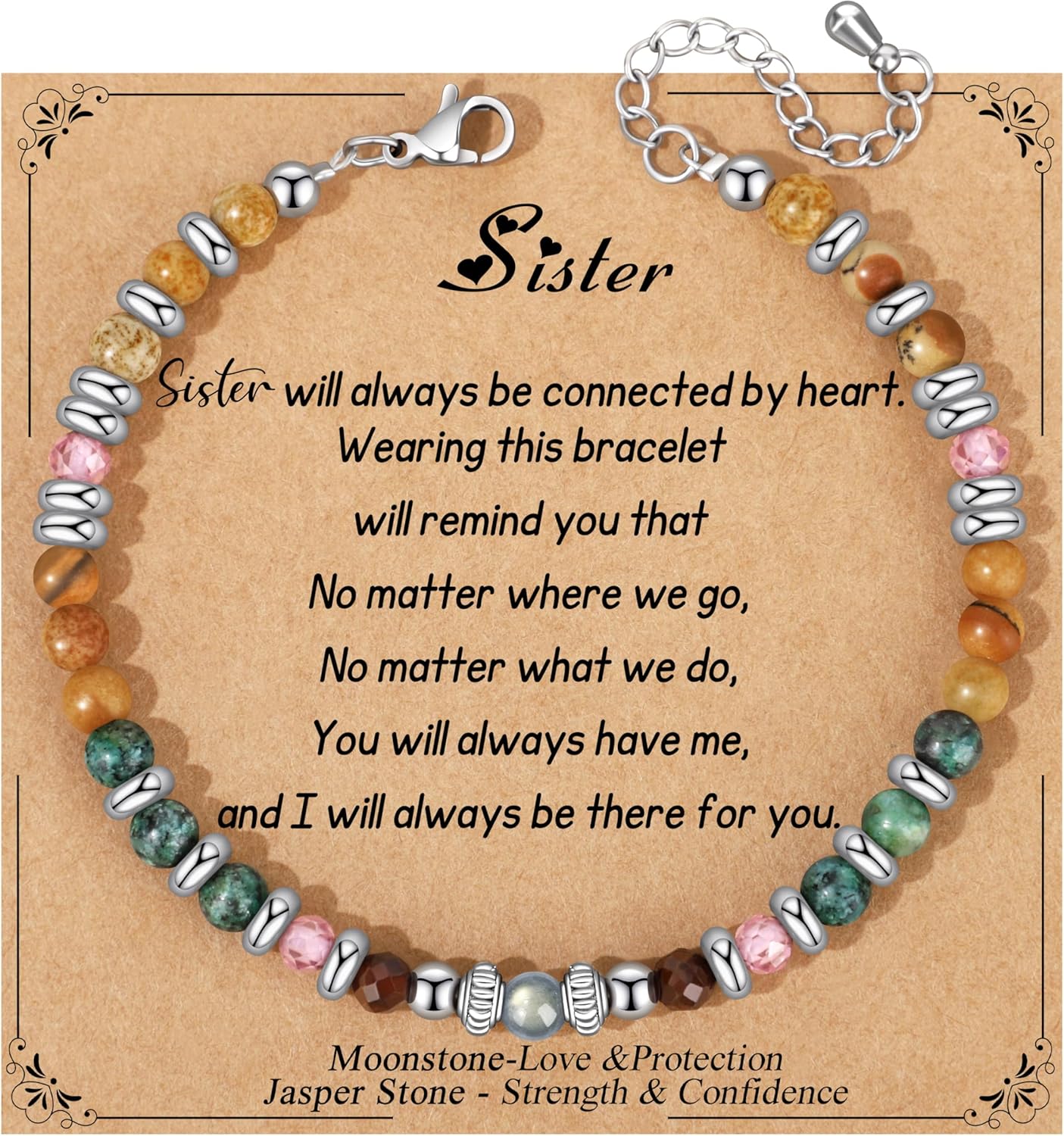 JoycuFF Moonstone Jasper Stainless Steel Beads Bracelets,Christmas Birthday Gifts for Best Friend Sister Daughter Bestie Women Her