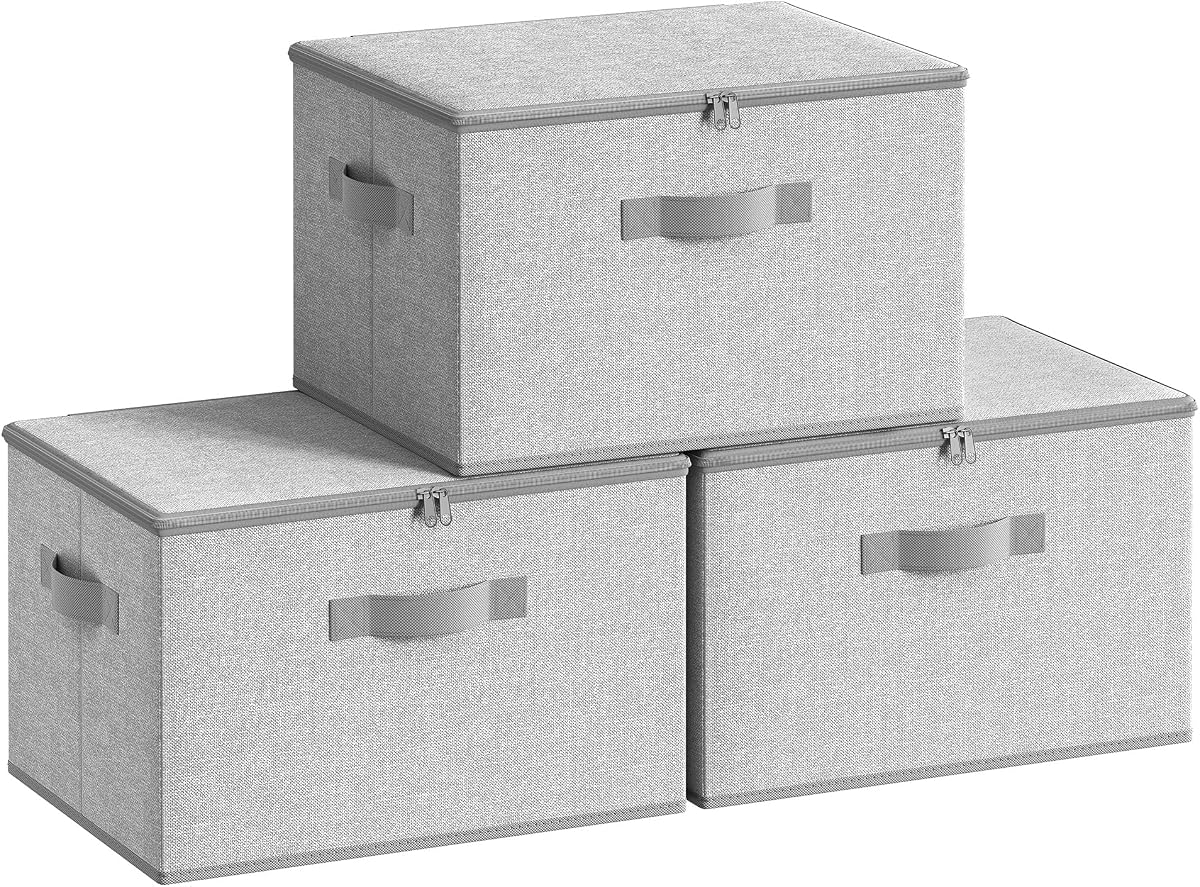 SONGMICS Juego de 3 Cajas Organizadoras de Almacenamiento Plegables con Tapas con Cremallera | Organizador de ropa con asas, 31 cuartos, gris paloma, colección TINA URZB003W01