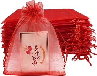 Jexila 100PCS Red Organza Gift Bags 4X6 Inch Small Mesh Drawstring Pouch for Christmas Party Favor Goodie Candy Treat Bags