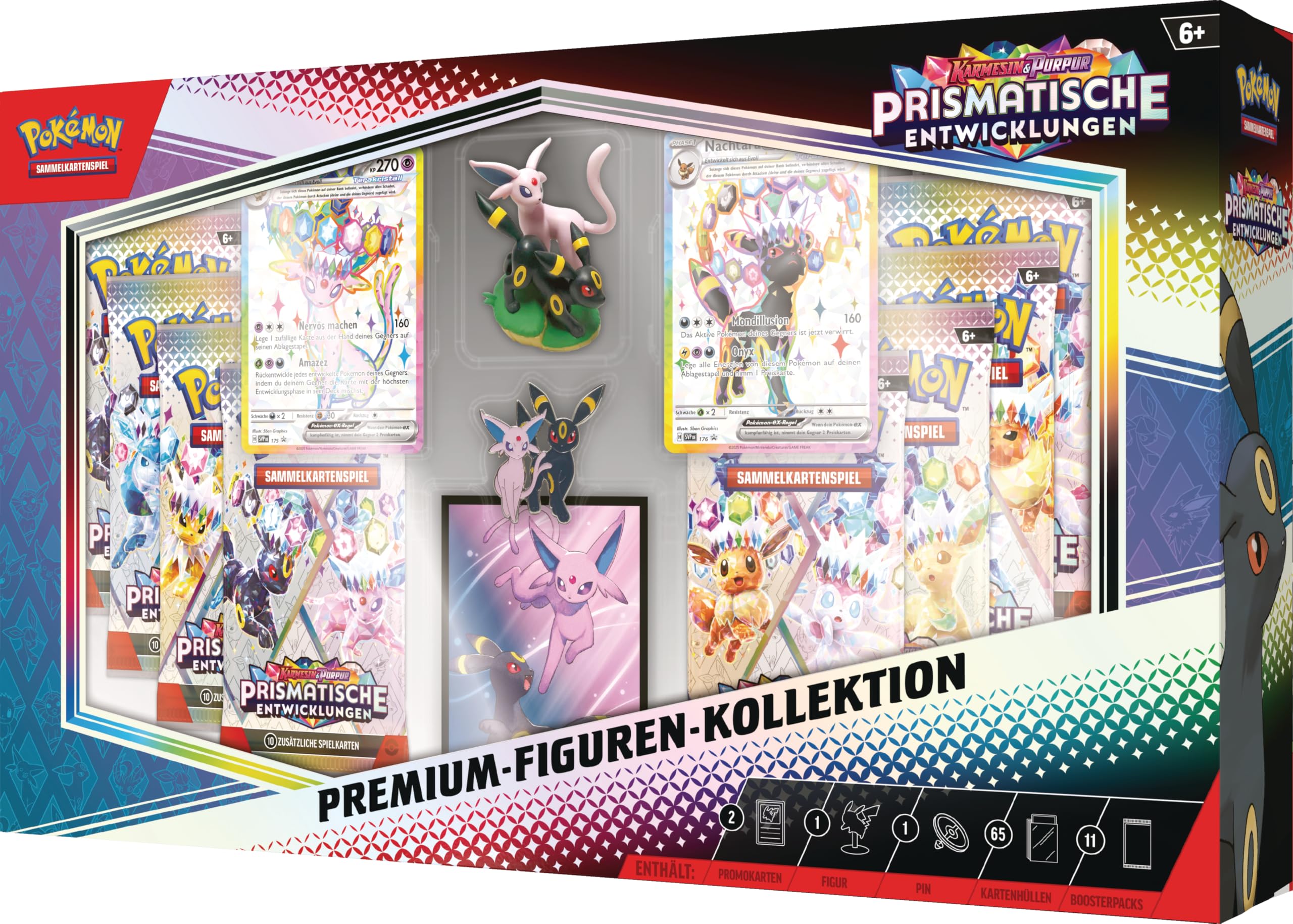 Pokémon-Sammelkartenspiel: Premium-Figuren-Kollektion Karmesin & Purpur – Prismatische Entwicklungen (2 geprägte holografische Promokarten, 11 Boosterpacks & mehr)