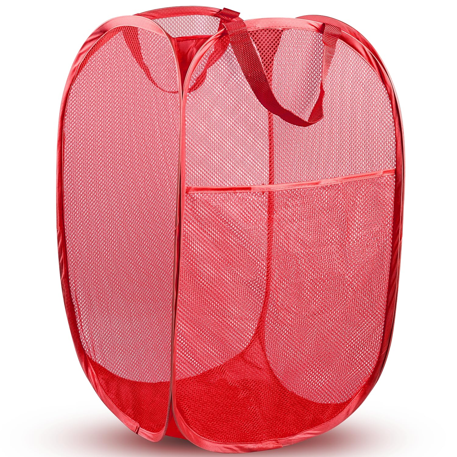 Pop Up Laundry Hamper, 70 L Collapsible Mesh Basket with Side Pocket, Red