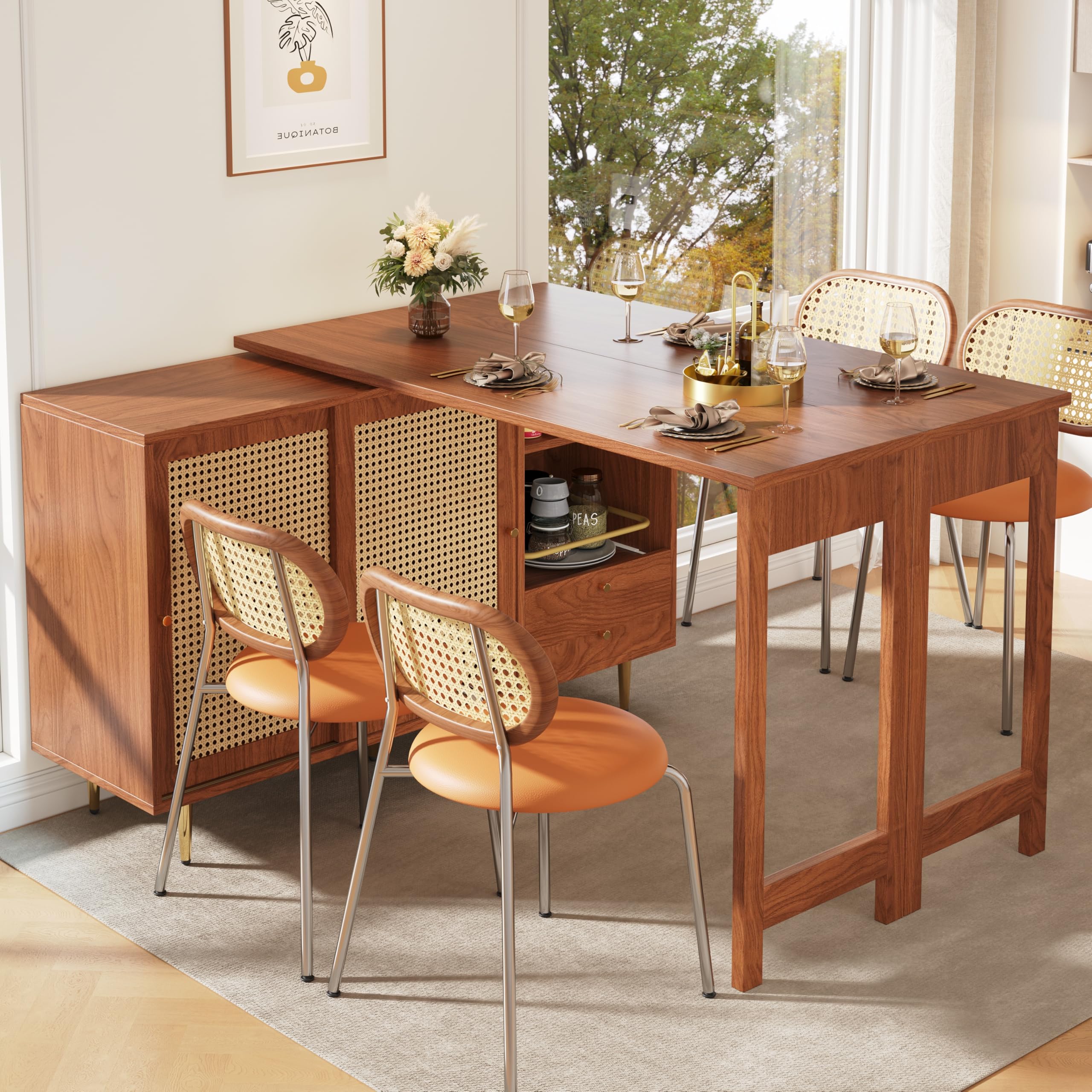 Merax Ausziehbarer Bartisch mit Stauraum, Um 360° drehbarer Stehtisch mit klappbarem Esstisch, schwarzer ausziehbarer Design-Stehtisch, mit Rattantür & Lagerregal, Braun/120-187X80X76CM