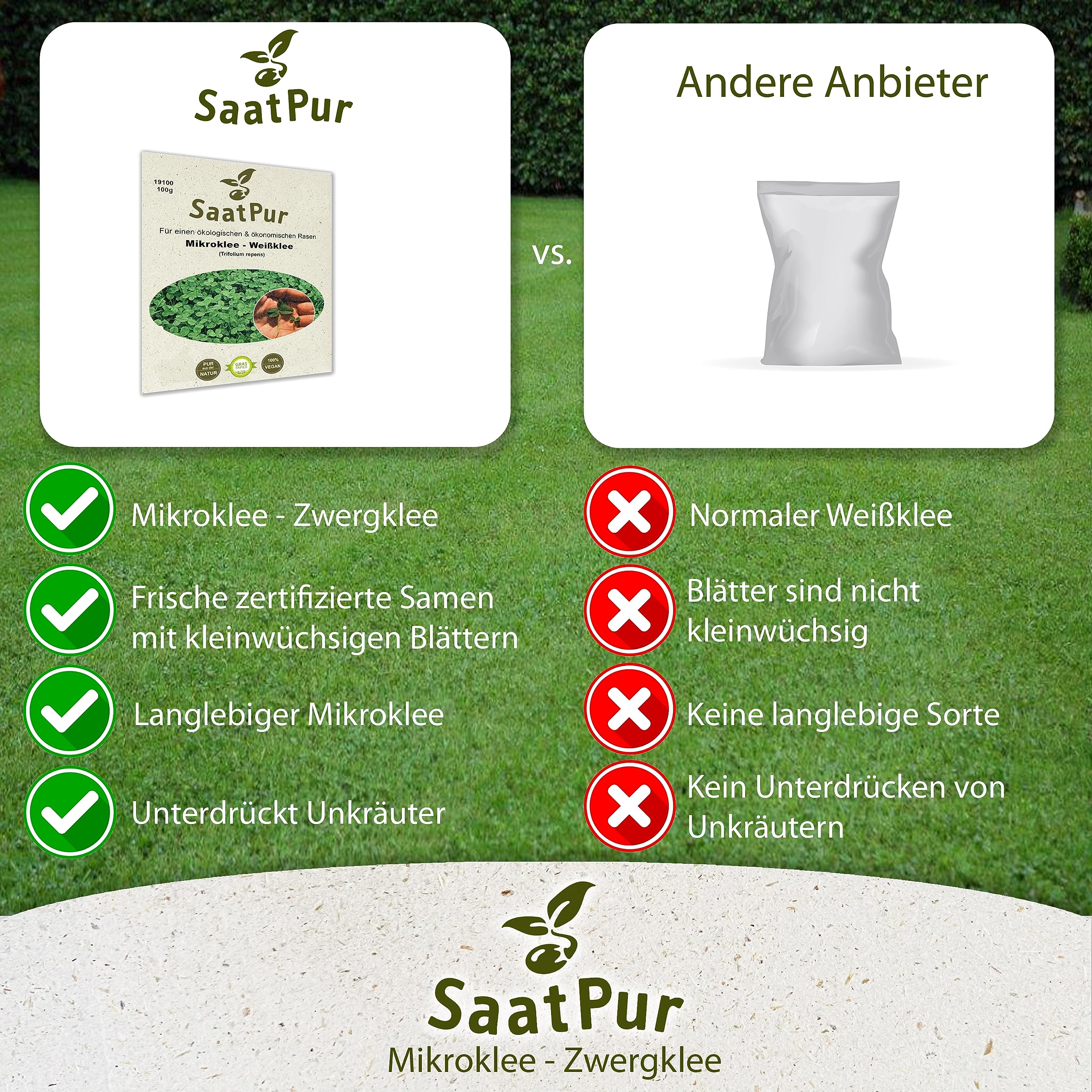 SaatPur Mikroklee Pipolina Microclover Miniklee Zwergklee Microklee Saatgut Rasen Klee - kleinblaettriger Klee Samen - Rasenklee kleiner Weißklee, 1Kg für ca. 500 qm