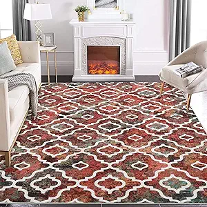 GlowSol Christmas Rug 8x10 Washable Rugs for Living Room Rug Non-Slip Soft Christmas Rug Geometric Farmhouse Low Pile Design Printed Carpet for Dining Room Bedroom Office Home Decor Colorful Red