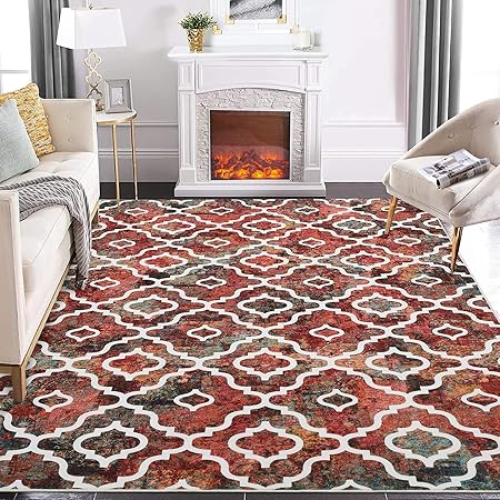 GlowSol Christmas Rug 8x10 Washable Rugs for Living Room Rug Non-Slip Soft Christmas Rug Geometric Farmhouse Low Pile Design Printed Carpet for Dining Room Bedroom Office Home Decor Colorful Red