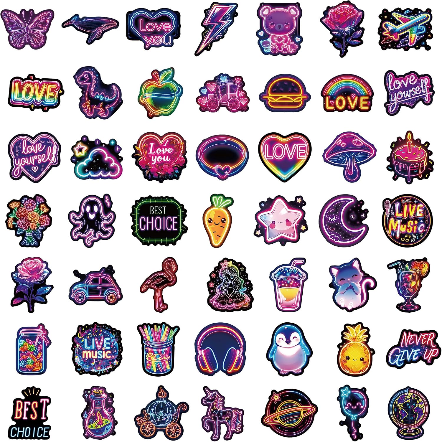 Neon Stickers for Teens Adults, Cool Cute Anime Graffiti Stickers for Laptop Water Bottle, 50 PCS Trendy Waterproof Vinyl Decals, Prizes for Kids Classroom Rewards-B02