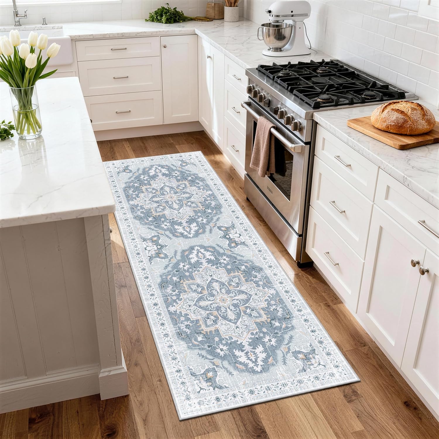 2x6 Runner Rug, Soft Non-Slip Vintage Medallion Rug, Low-Pile Printed Indoor Runners for Entryway, Hallways, Kitchen, Laundry Room, Bedside -Blue/Gray