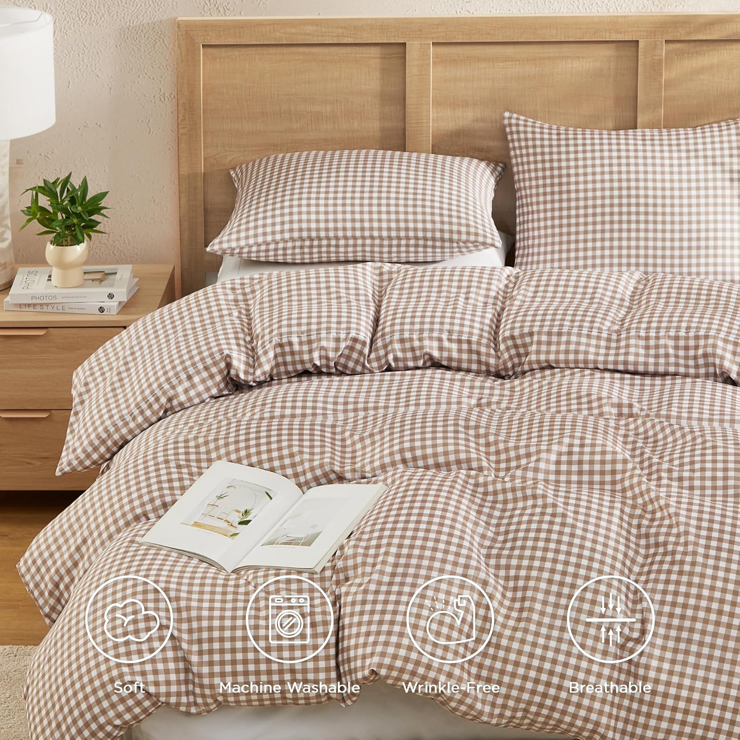 Andency Gingham Duvet Cover Queen Size, Tan Brown Checkered Plaid Bedding Set, 3 Pieces Soft Prewashed Polyester Comforter Cover with Zipper Closure & Corner Ties