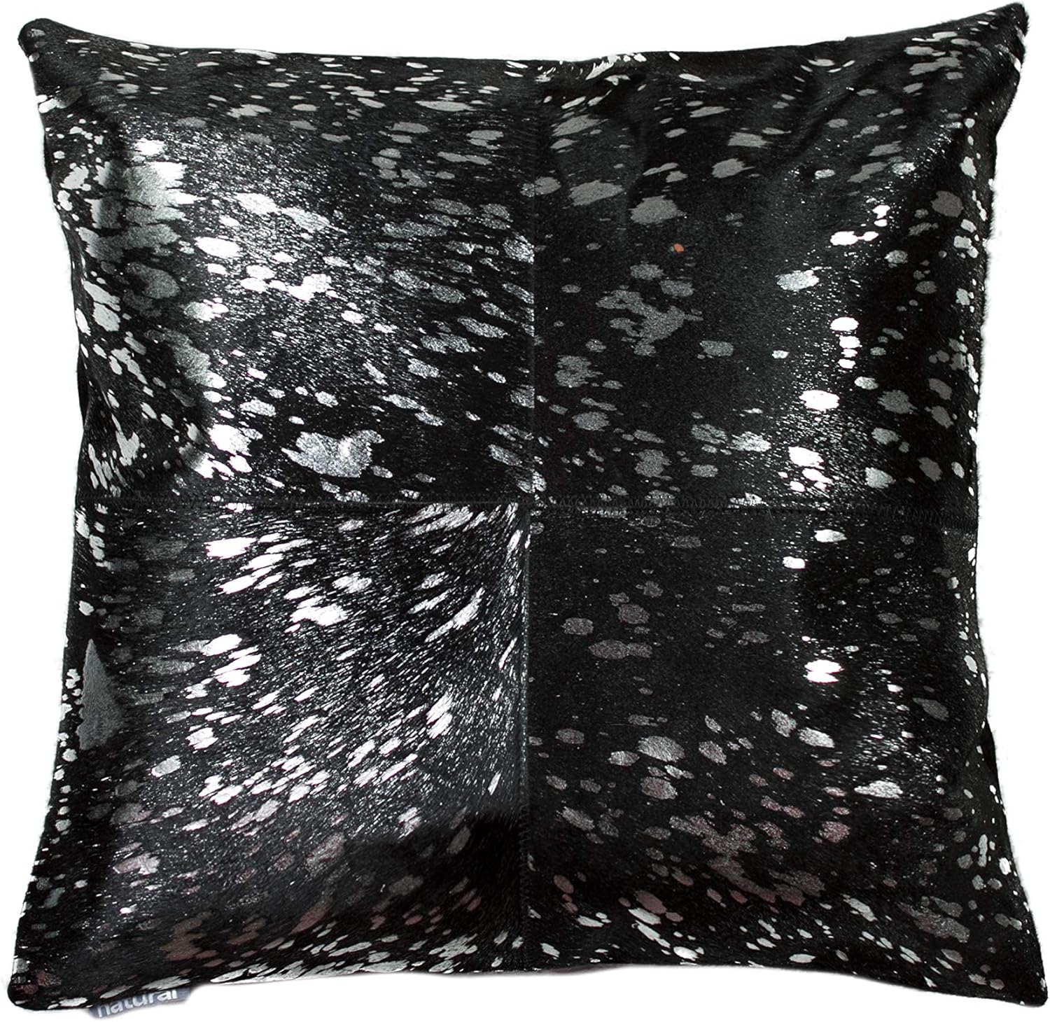 Natural Torino Cowhide Throw Pillows with Poly Insert | Quattro Accent Pillows Handcrafted from 100% Cow Hide, Silver/Black, 18 in x 18 in