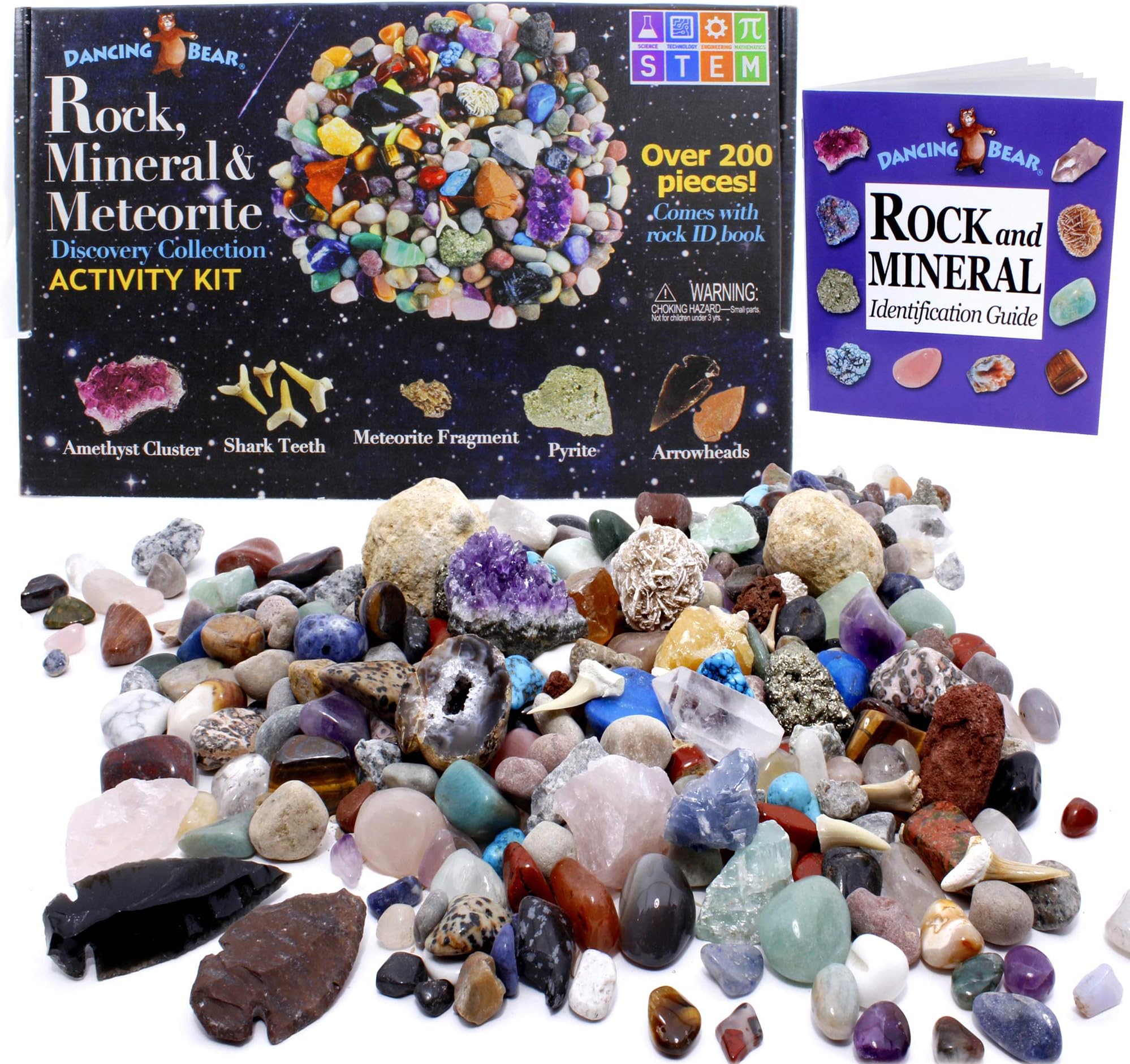 DANCING BEAR Rock & Mineral Collection Activity Kit (200 Pc Set) with Meteorite, Real Shark Teeth Fossils, Arrowheads, Crystals, Gemstones, Treasure Hunt ID Sheet, STEM Science Education, Made in USA