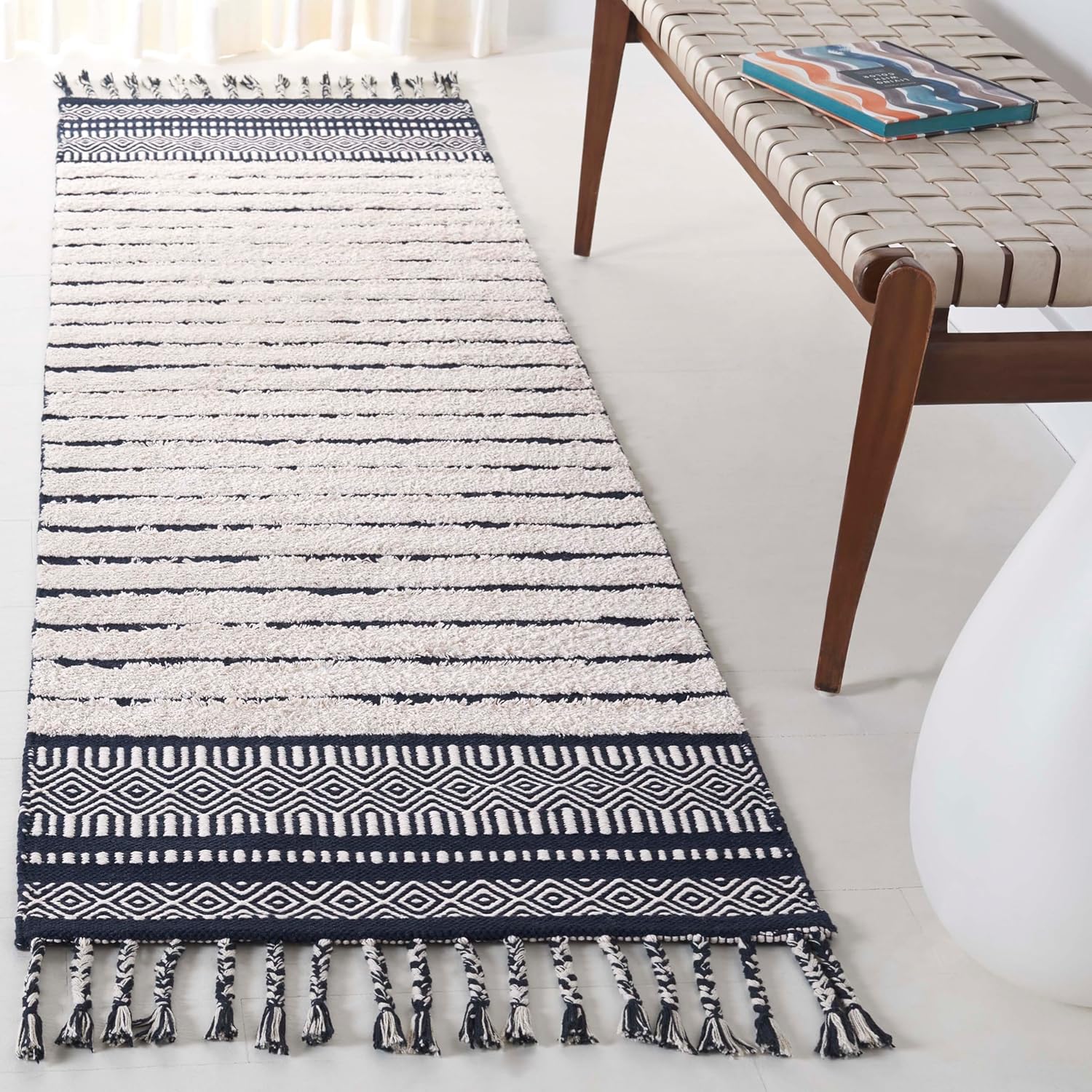 SAFAVIEH Kilim Collection Area Rug - 3' x 5', Black & Beige, Boho Stripe Braided Tassel Design, Handmade Cotton, Ideal for The Living Room, Bedroom, Dining Room (KLC401Z-3)