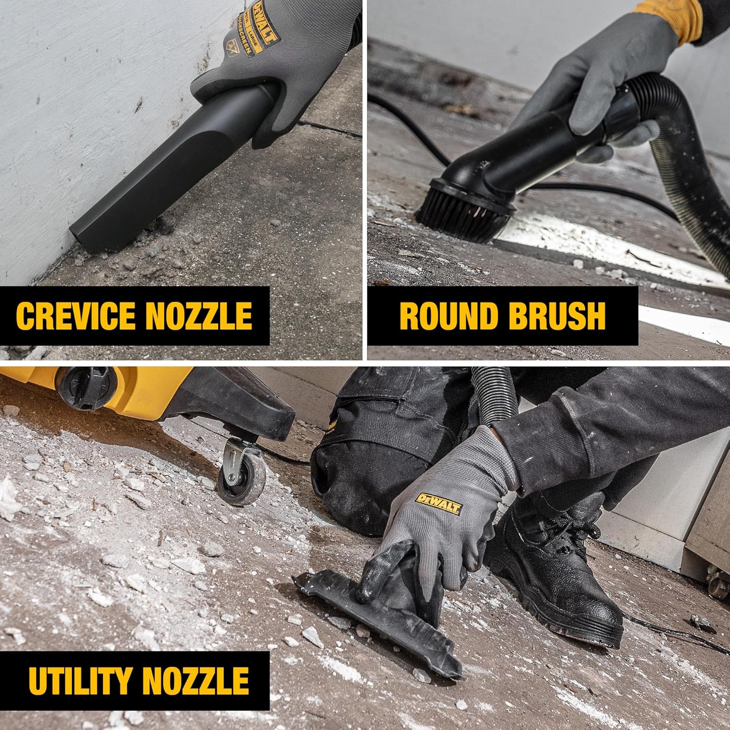 Close-up of crevice nozzle, round brush, and utility nozzle in use