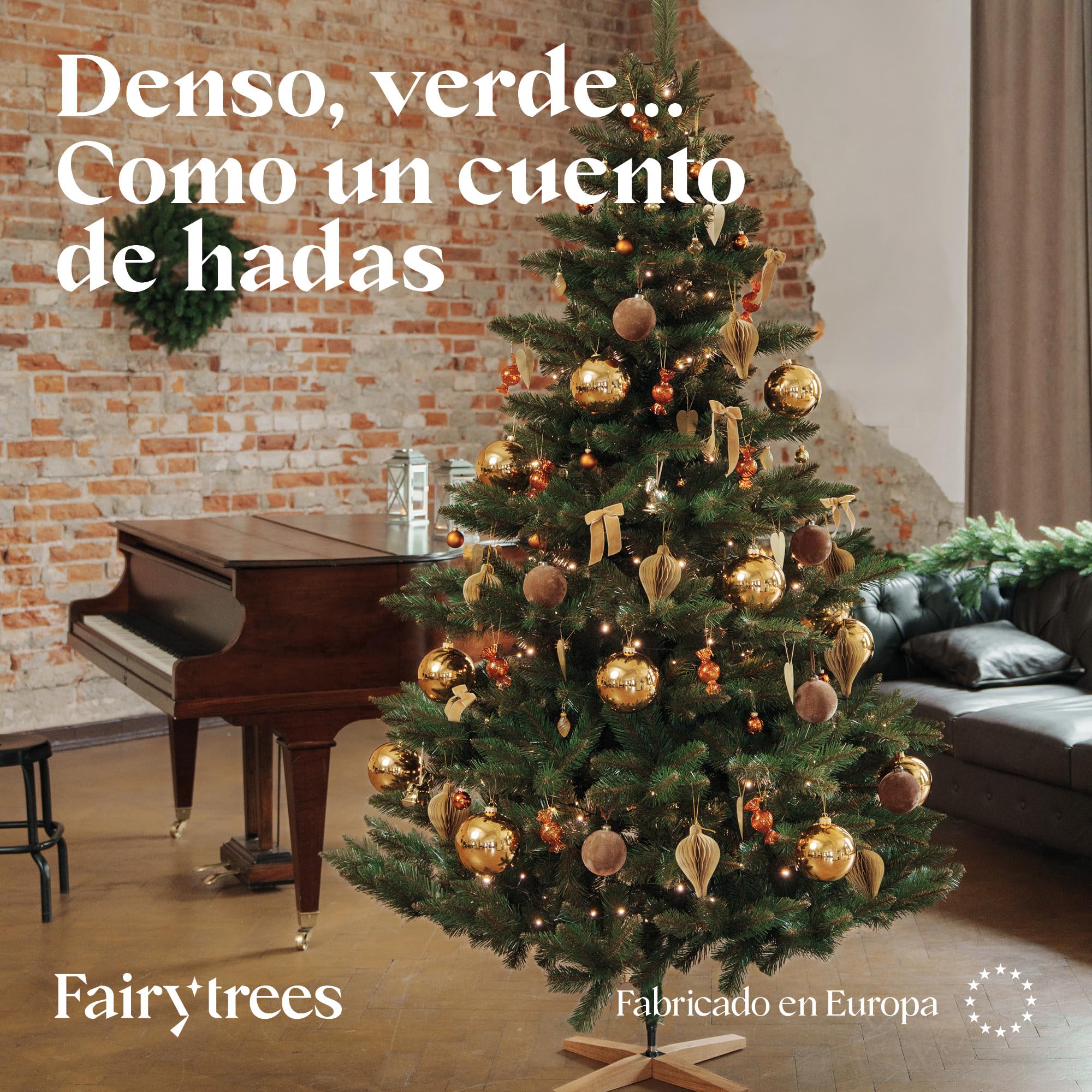 FairyTrees Árbol Artificial de Navidad Abeto Nordmann, Tronco Verde, Soporte de Madera, 180cm, FT14-180