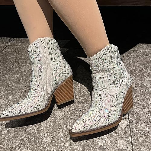 Miniatura 9 de OOHRHN Botas vaqueras brillantes de color para mujer, con diamantes de imitación, tacón grueso, detalle de perla, punta puntiaguda, para novia,