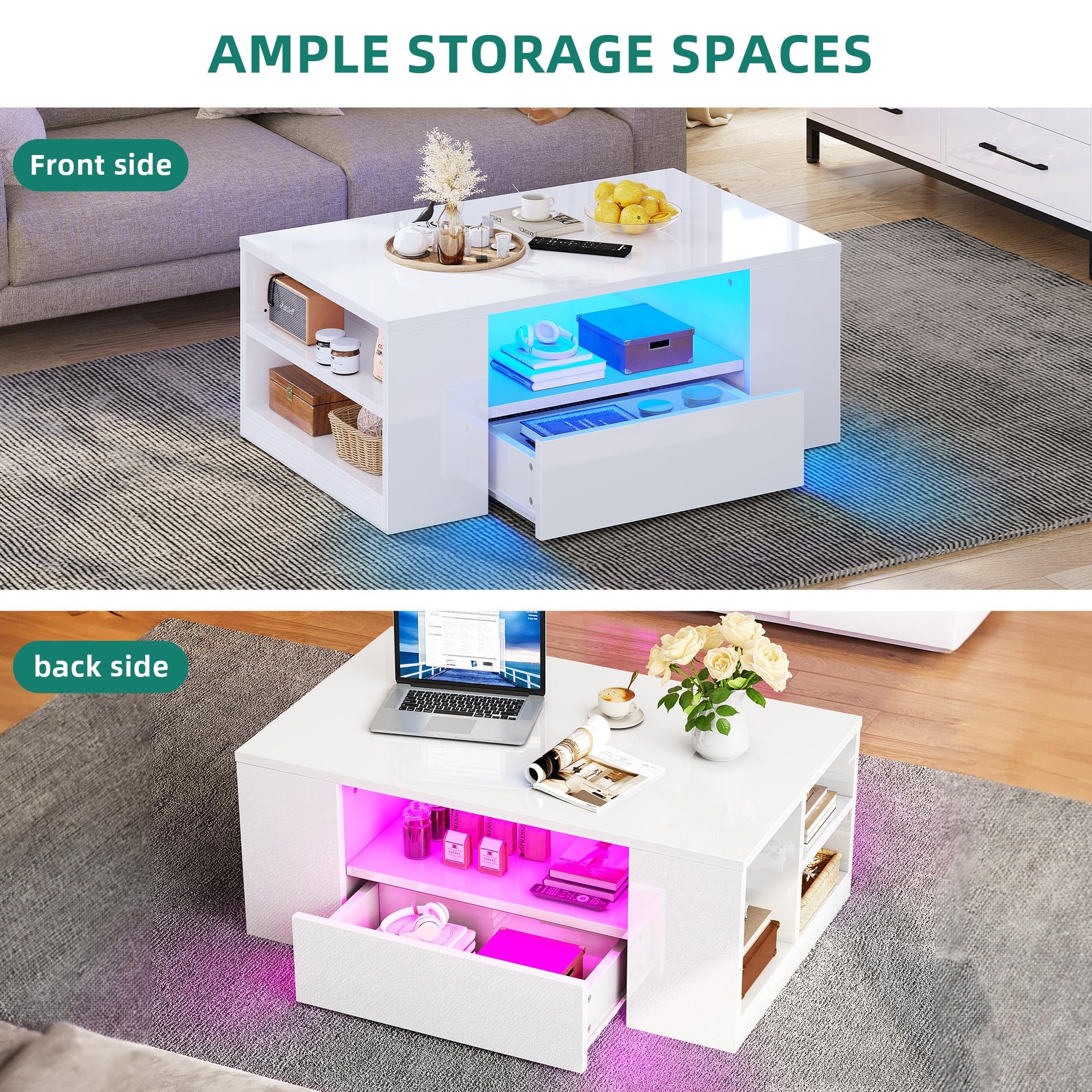 YITAHOME Couchtisch Weiß, Wohnzimmertisch Hochglanz mit 16-Farbiger LED Beleuchtung Modern, Beistelltisch Weiss mit Offenem Ausstellungsregal und 2 Ausziehbaren Schubladen, 95x 55x37cm