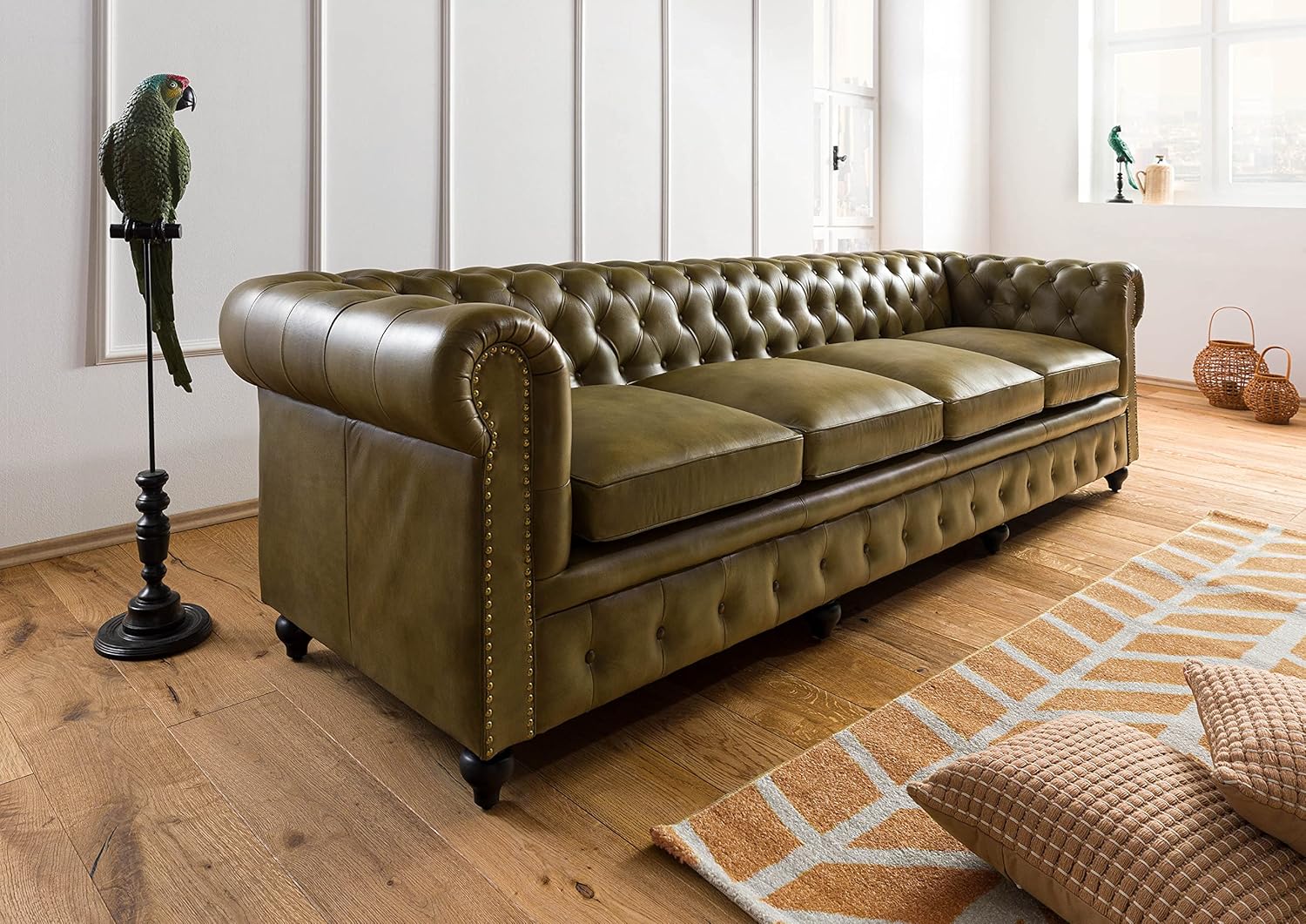 Chesterfield Sofa 4-Sitzer aus Echtleder #304 | aus echtem Büffel-Leder - Grün | 274x82x75 cm | mit Nieten | Couch Polstercouch 4er Sitzer