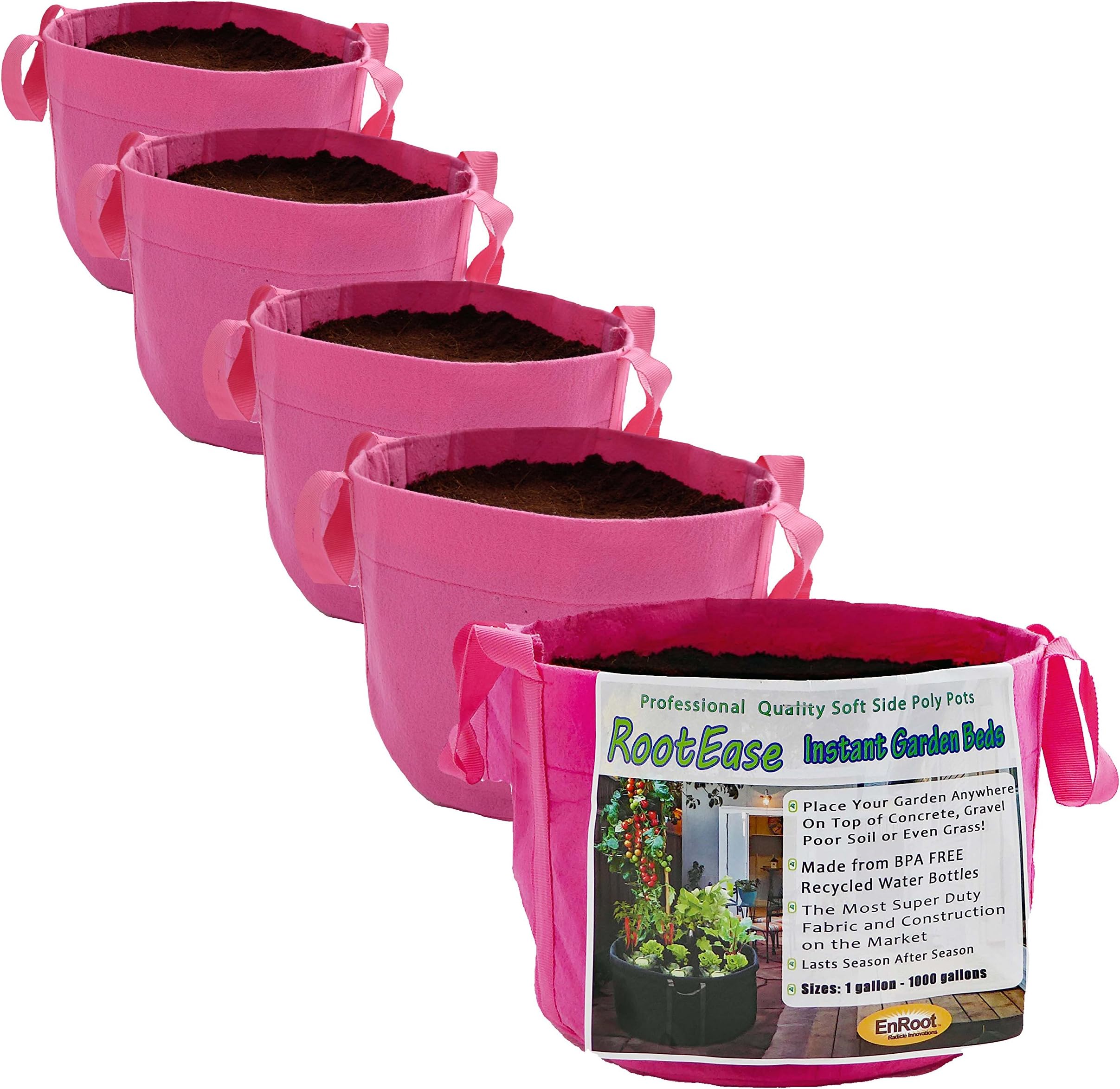EnRoot Products LLC RootEase 5-Pack Garden Planting Fabric Pot, Heavy Duty Durable Grow Bags/Planter, Raised Bed Gardening, Best Eco-Friendly Grow Bags with Sturdy Handles (3 Gallon, Pink)