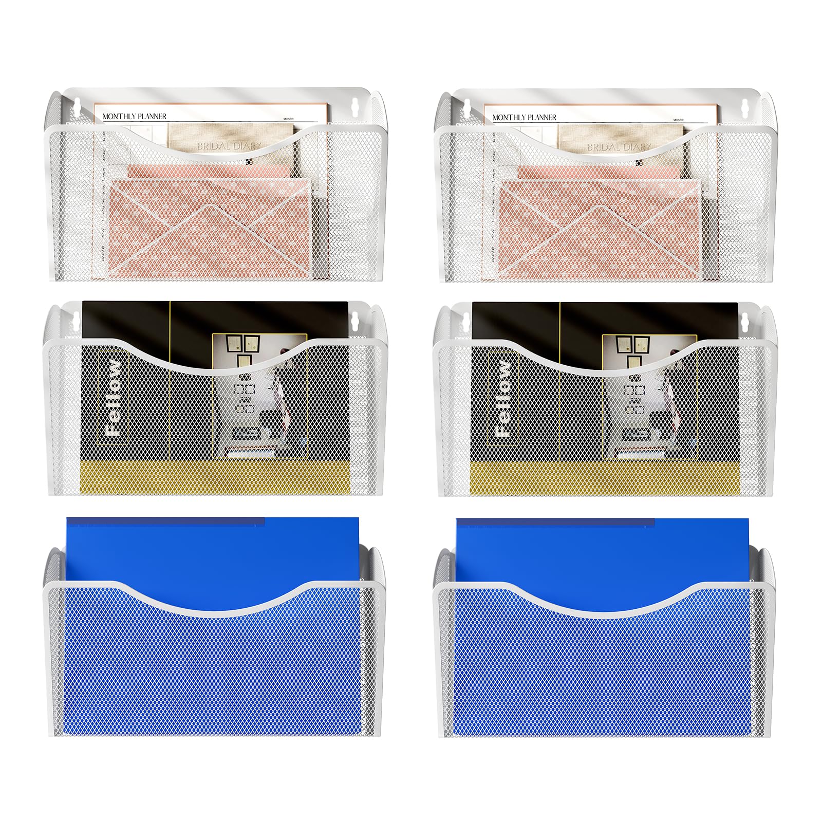 PAG 6 Pockets Wall File Holder Office Hanging File Organizer Metal Wall Mount Magazine Rack, White