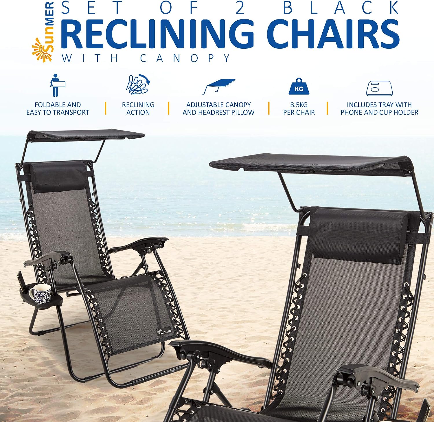SUNMER Sun Lounger Garden Chairs, Set of 2 Zero Gravity Chairs with Cup & Phone Holder, Adjustable Headrest & Pillow - Image 3