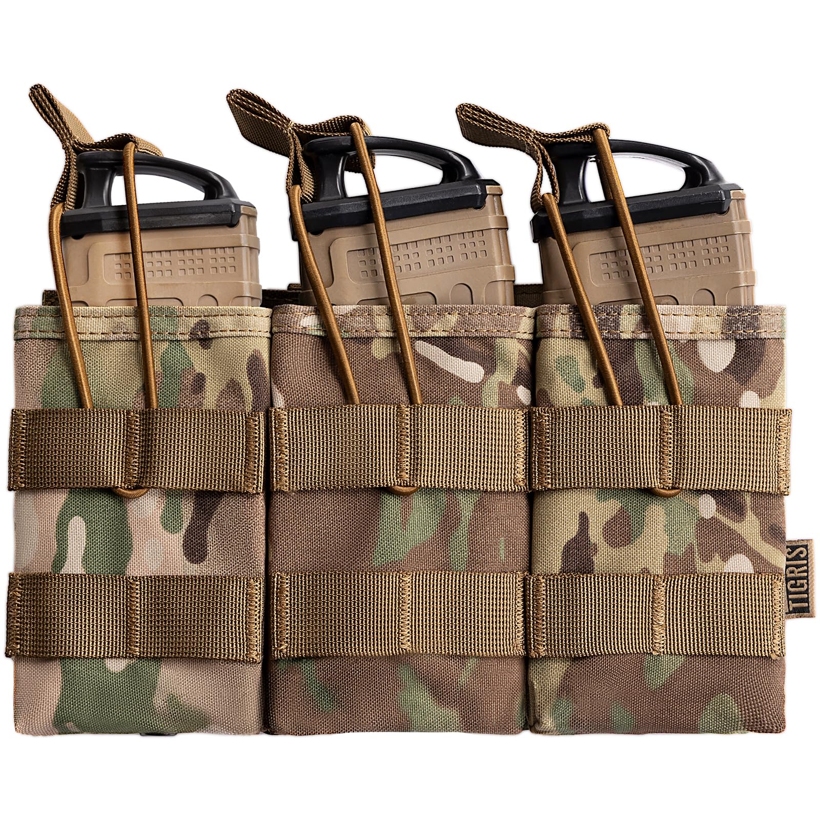 OneTigris Tactical Pistol Mag Pouch - Open-Top Triple 5.56mm Magazine Pouch for M4/M16/AR-15 & 5.56 AK Variants, with Elastic Rifle, Quick-Release Insert & MOLLE Compatibility