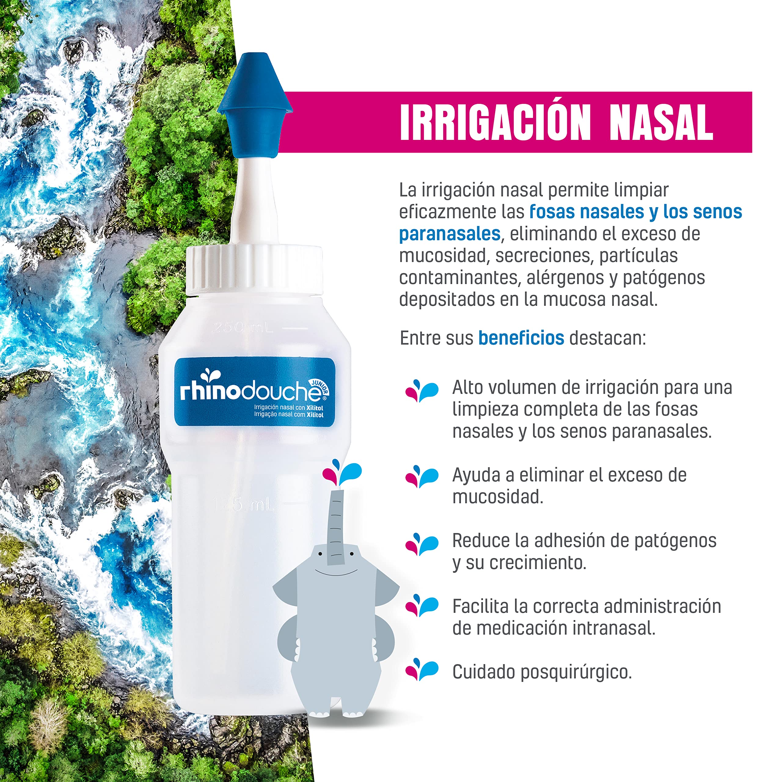 RHINODOUCHE Urgo Junior Nasal Wash Starter Pack contient 250 ml de fil dentaire nasal + 26 sachets de 2,5 g contenant un mélange de sel de xylitol.