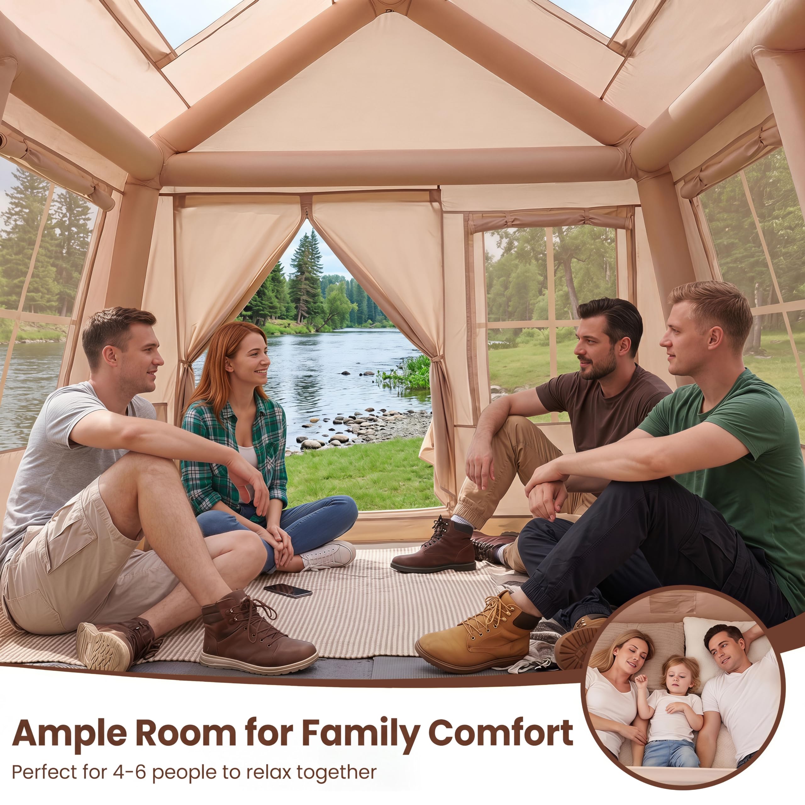 HOMASIS Tienda de Campaña Hinchable para 4-6 Personas | Tienda Inflable con Bomba, Puertas y Ventanas de Malla, Toldo y Bolsa de Transporte, Carpa Portátil para Camping, Senderismo
