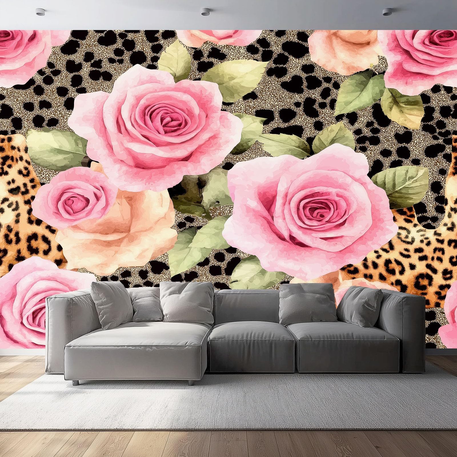 Papier peint panoramique léopard rose intissé grand format de qualité