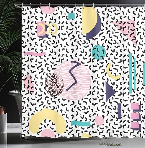 Miniatura 3 de Ambesonne Cortina de ducha de los años 90, patrón geométrico en estilo retro, redonda, media luna, formas triangulares, arte de tela, juego de