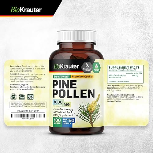 Miniatura 9 de BIO KRAUTER Cápsulas de polen de pino 1000 mg - 100 cápsulas de polen de pino para hombres y mujeres - Suplemento herbario para apoyo inmunológico