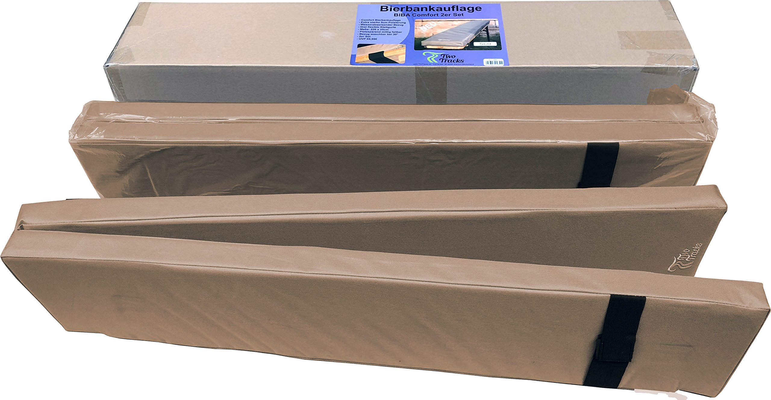 TwoTracks Premium Bierbankauflage Biba Comfort, 5cm gepolsterte Sitzbankauflage. Faltbare Bankauflage in beige, 220x25x5, 2er Set