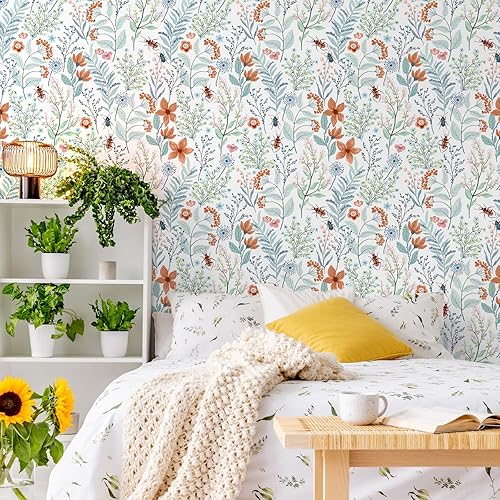 Miniatura 4 de VEELIKE Papel tapiz floral de escarabajos azules y naranjas, para despegar y pegar, papel tapiz botánico para cuarto de bebé, baño, 17.7 x 354