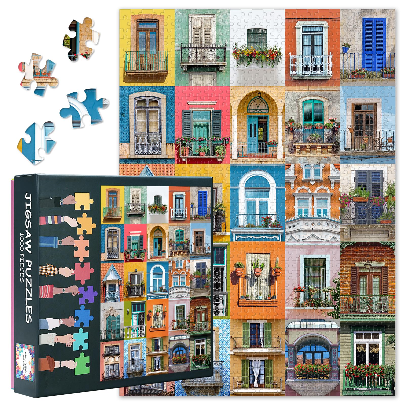 Collage of Balconies Puzzles for Adults 1000 Pieces Difficult Challenging Balcony Window Jigsaw Puzzles for Adults Collage of Windows Puzzle Perfect for Family Game Night 27.5"X19.7"