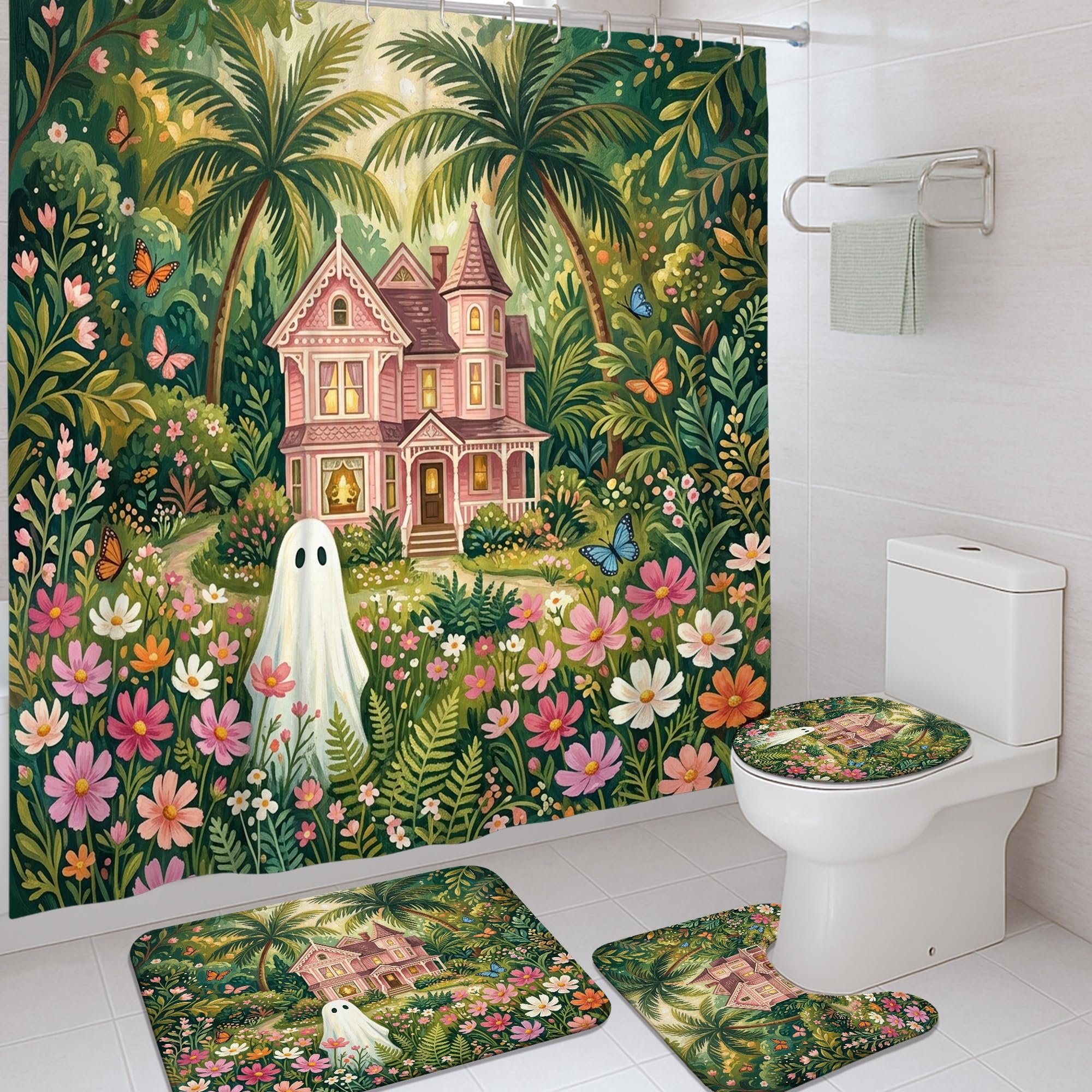 Rideau de douche fantômes en tissu imperméable aux motifs de fleurs fantaisistes