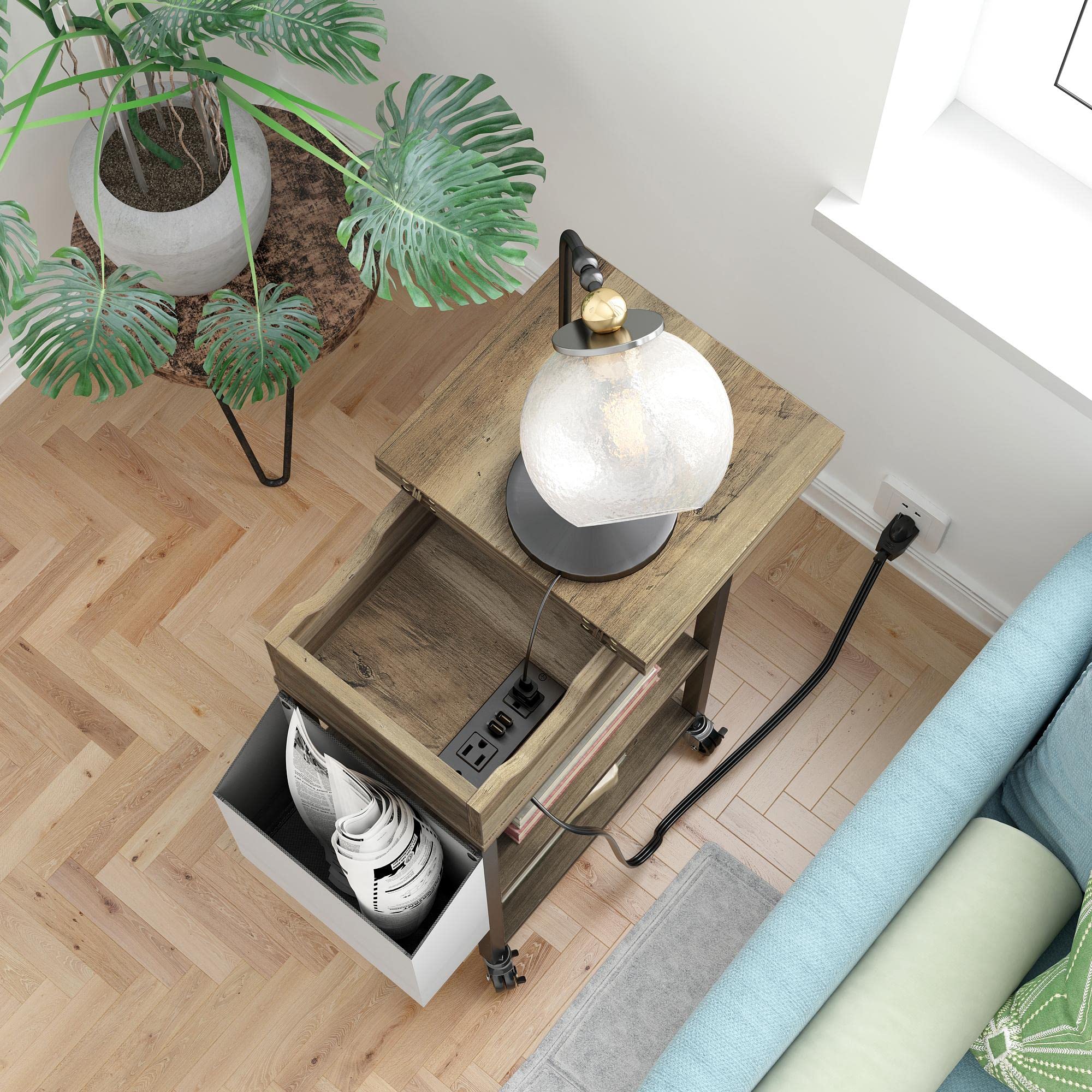 ARunThLana Comodino Stretto, Set di 1 tavolini con 2 scomparti aperti e 1 cassetto, con multipresa, con ruote, 70 x 50 x 25 cm, per soggiorno, camera da letto,bianco