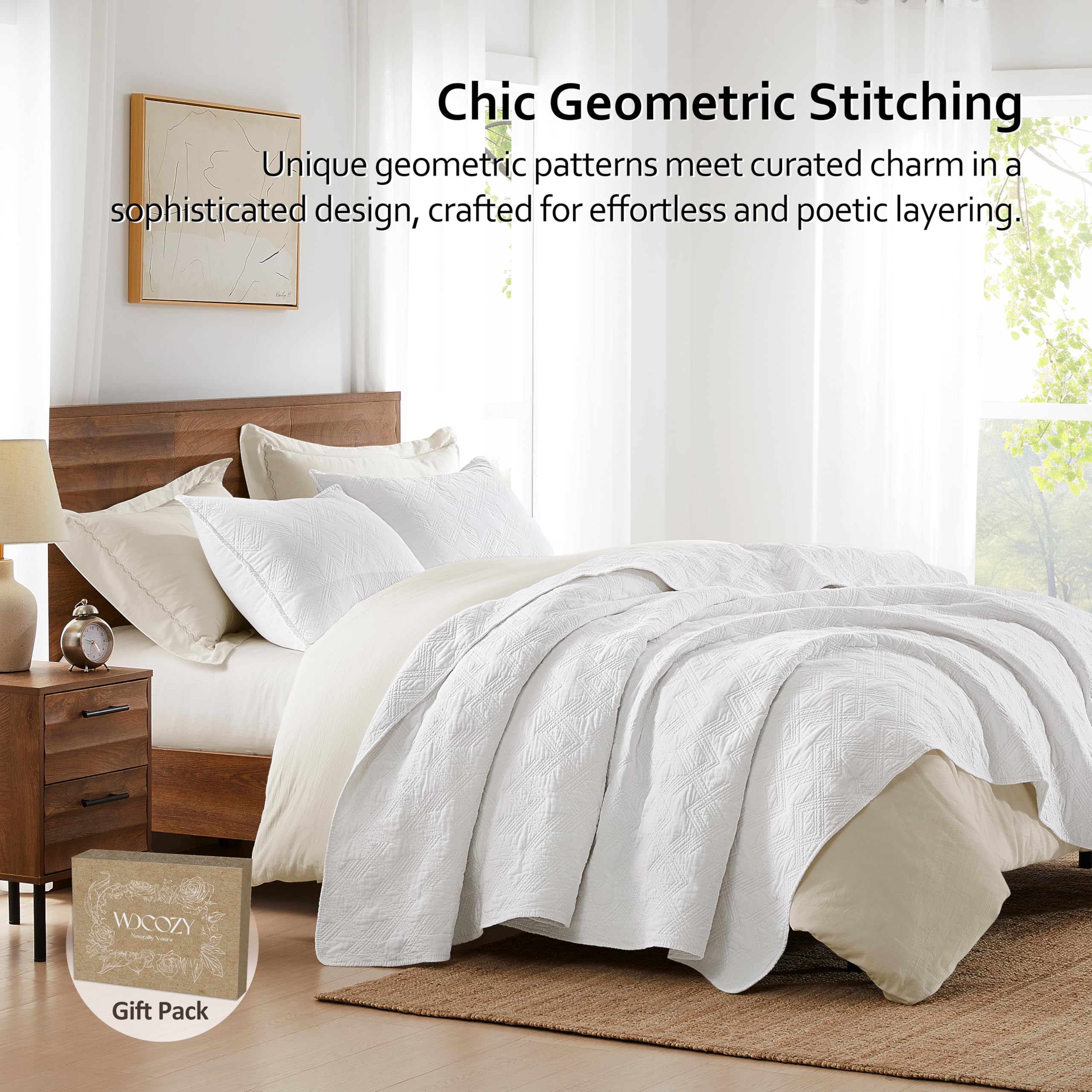 WDCOZY Set copripiumino matrimoniale in 100% cotone, bianco prelavato, morbido, leggero, moderno, copriletto rustico rustico, strutturato come lino, biancheria da letto in garza shabby chic, 2 pezzi