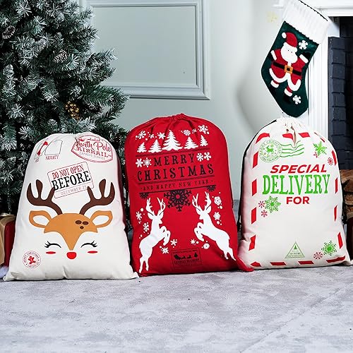 Miniatura 7 de JOYIN 3 paquetes de bolsas de Papá Noel, bolsa de regalo grande de lona de Navidad con cordón de 26 x 19 pulgadas para suministros de fiesta de día