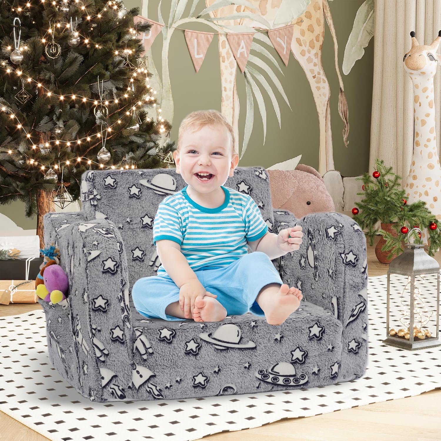 Toddler Couch Bed, 2 in 1 Kids Sofa Couch Fold Out, Toddler Couches That Fold Out, Glow in The Dark Convertible Sofa to Lounger for Girls and Boys