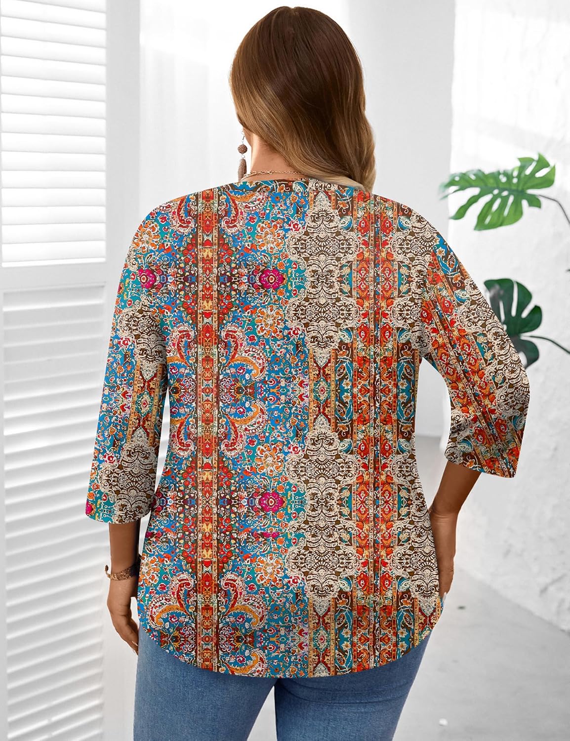 LOMON Plus Size Women Blouses 3/4 Length Sleeve Tops Crewneck Pleated Casual Tees Shirts 1X-5X - Image 4