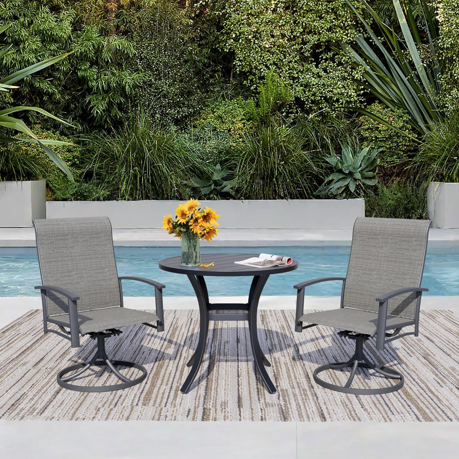 3 Pieces Outdoor Table and Chairs for 2, 27.6" Black Square Table with 2 Blue Swivel Chairs, Patio Set with Swivel Chair, Garden Tables for Outdoor, Patio Dining Set for Lawn Backyard Poolside