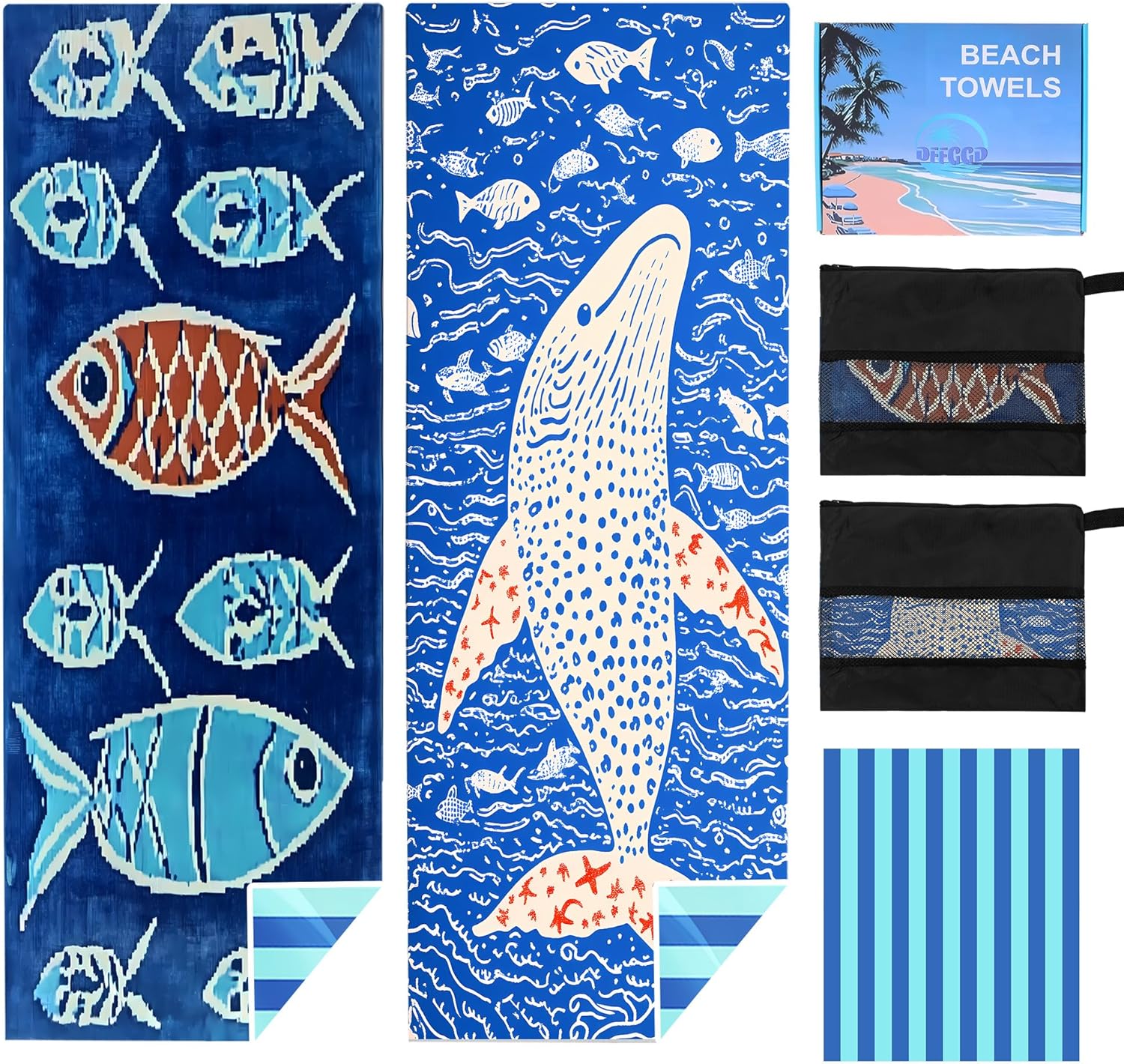 2 Pack Microfiber Beach Towels in a Gift Box. 71x32 Inch Extra Large Super Absorbent Lightweight Quick Dry Oversized Towel for Vacation Essentials Travel Pool Yoga. 2 Pack?Fish & Whale? 2 Pack?blue Fish & White Whale? 71*32 Inch