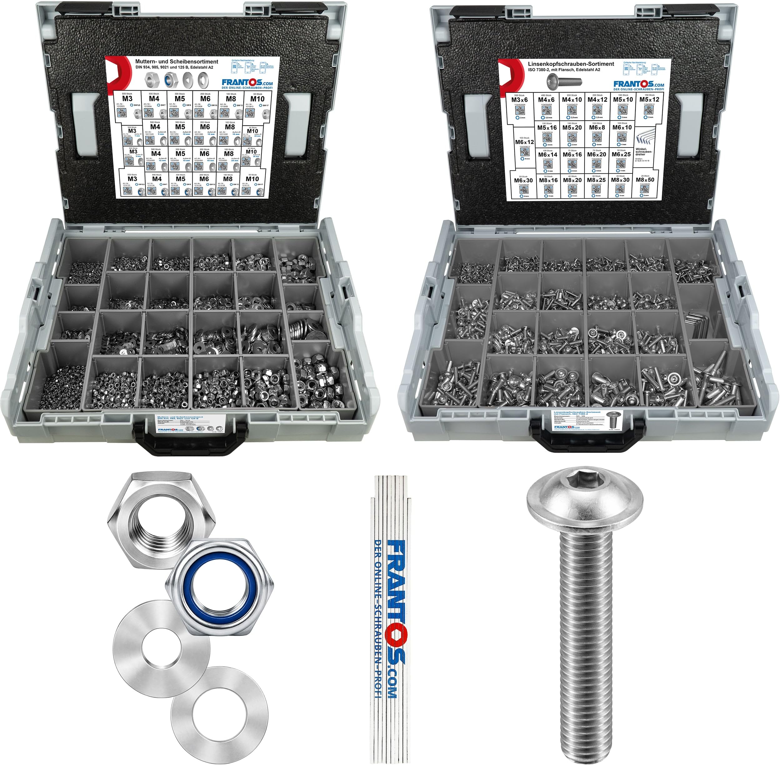 FRANTOS L-BOXX Schrauben Muttern Sortiment 9.215 tlg. (Edelstahl A2) Set aus ISO 7380-2 Linsenkopfschrauben + Sechskantmuttern, Stoppmuttern & Unterlegscheiben inkl. Meterstab