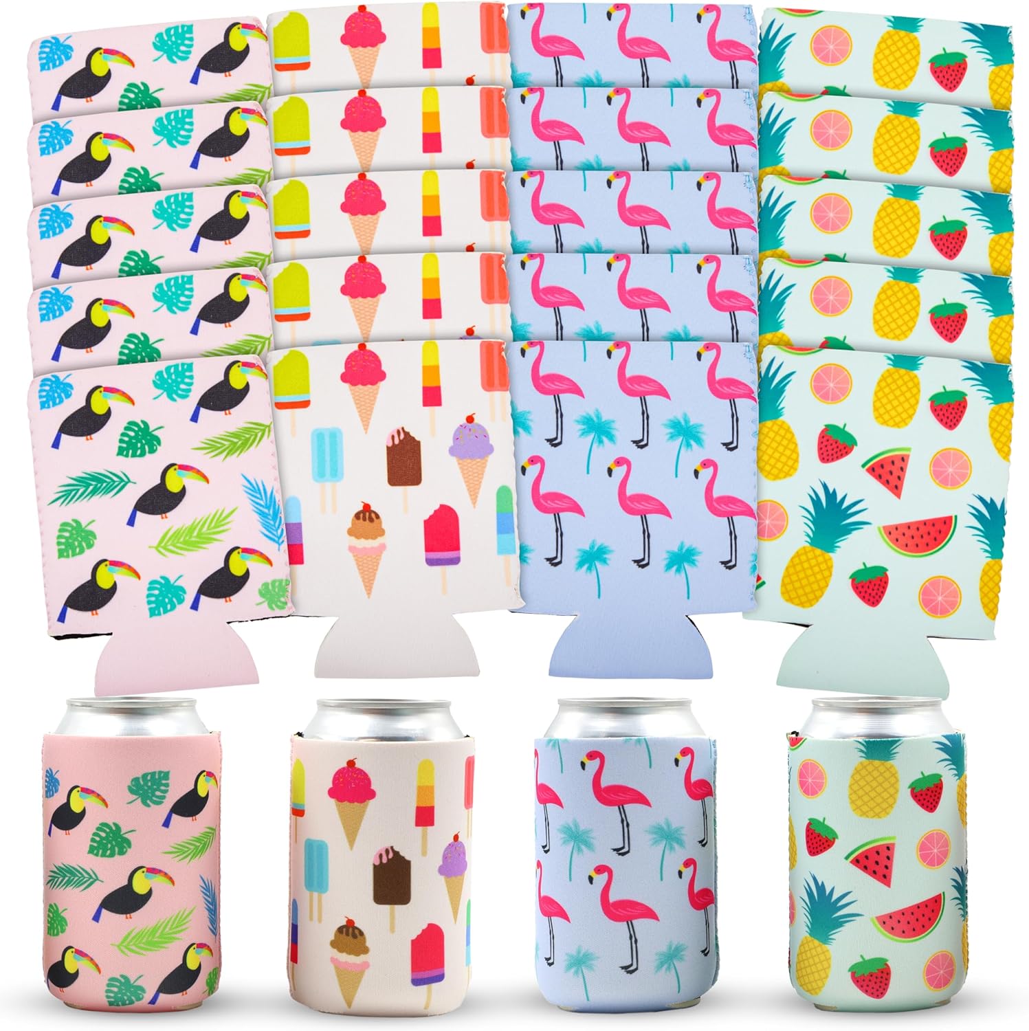 Blue Panda 24 Pack Tropical Neoprene Can Cooler Sleeves for Beer, Bottles, Soft Drinks, Soda Covers for Beach, Summer Pool Parties (4 Designs, 12 Oz, 2.5x4 Inches)