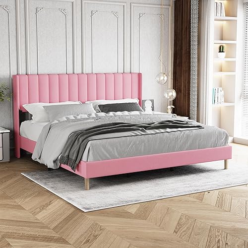 Miniatura 79 de Zoophyter Base de cama tapizada de tamaño matrimonial con cabecero, listones de madera fuertes, no necesita somier, fácil montaje, lino blanco