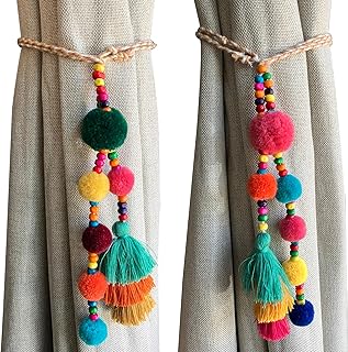 Boho Curtain Tiebacks - 2pcs Pompom & Tassel Boho Decor for Living Room ...