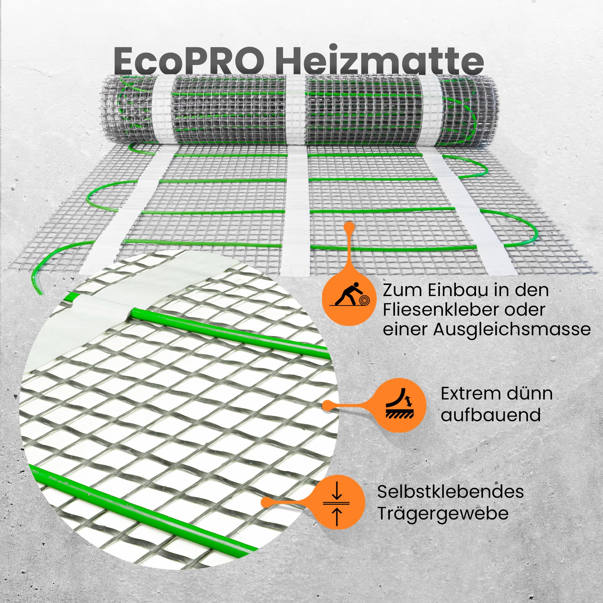 EcoPRO Heizmatten Set | 150 W/m² | 20 m² | Elektrische Fußbodenheizung - für Fliesen, Naturstein, Teppich, Vinyl und Laminat, inkl. Installationsmaterial, mit WLAN Touchthermostat (Weiß)