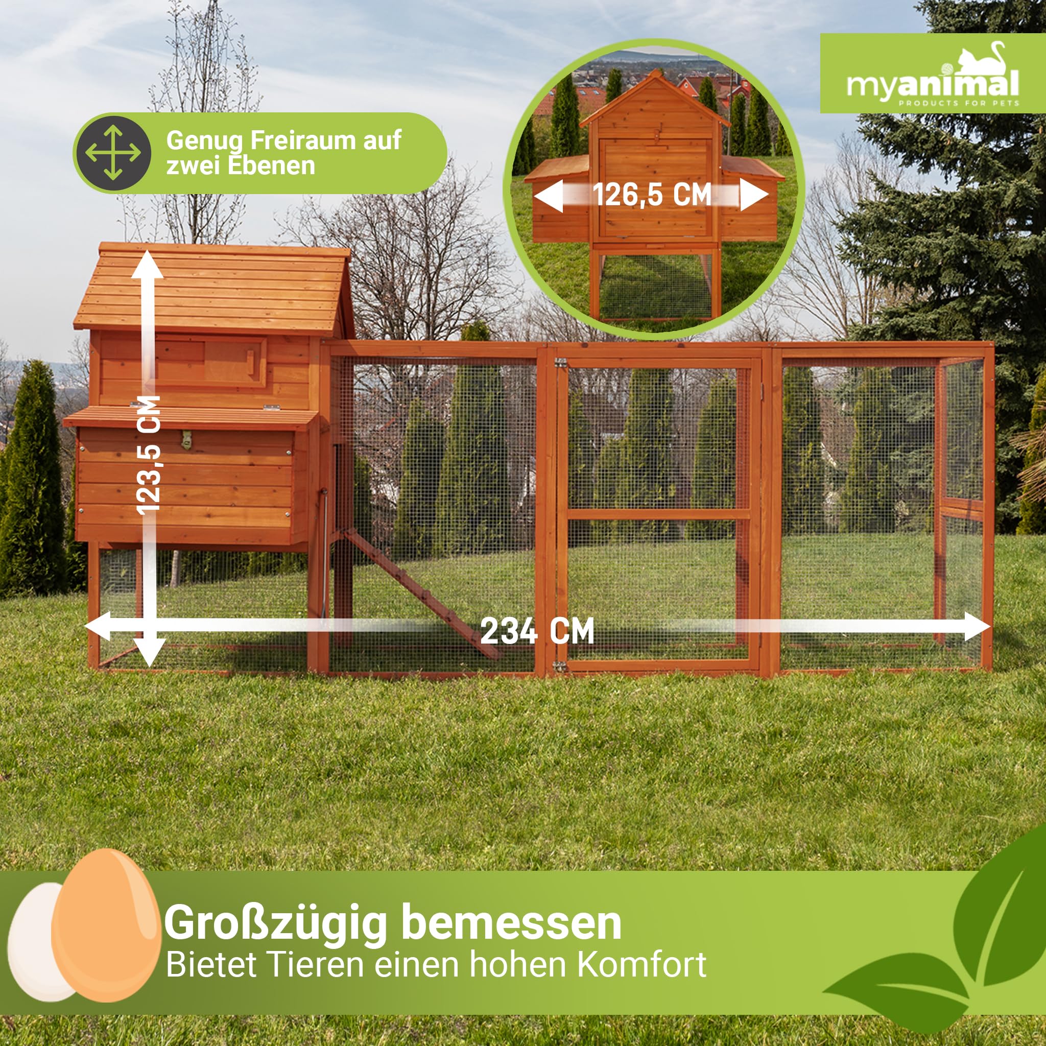 Miweba MyAnimal Hühnerstall XXL für 8 Hühner | 234x127x124 cm Winterfest - Vogelhaus - Hühnergehege mit Nistkasten - Voliere - Hühnerhaus - Freilaufgehege Huhn - Legenest - Vogelvoliere (Grau/Weiß)